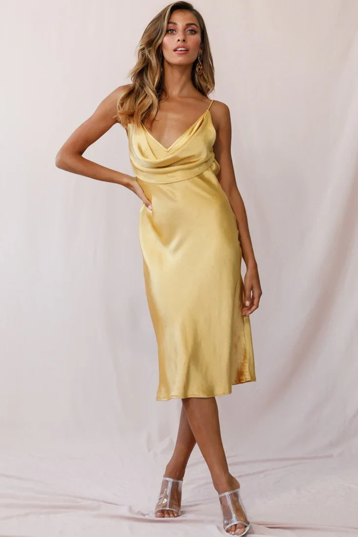 Double Take Draped Bust Midi Dress Mustard