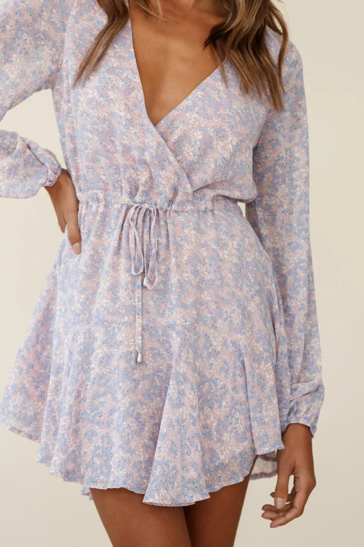 Marlene Long Sleeve Drawstring Waist Dress Floral Print Pink