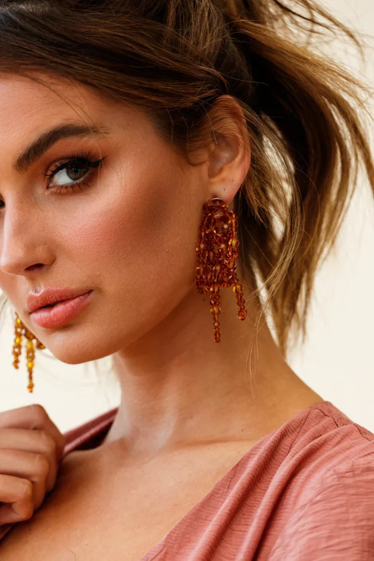 Flora Beaded Bow Earrings Tan