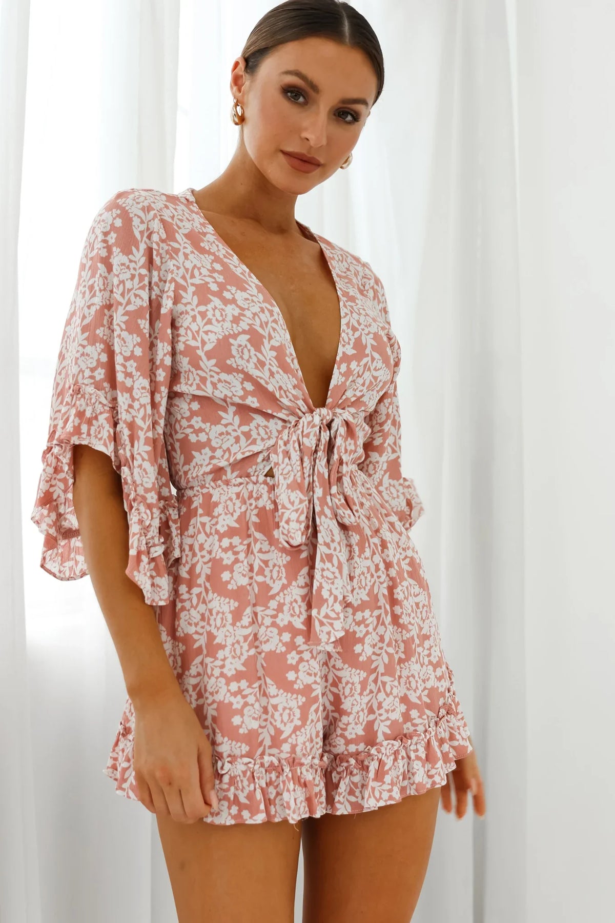 Athira Tied Bust Flared Sleeve Romper Floral Stencil Print Pink