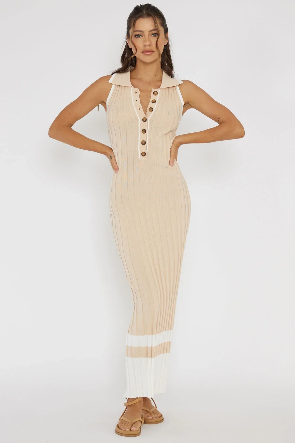 Cayla Button-Up Ribbed Knit Dress Sand