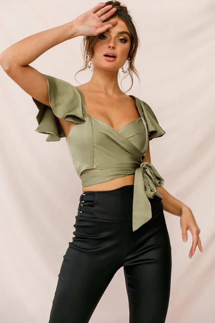 Marquise Wrap Crop Top Olive