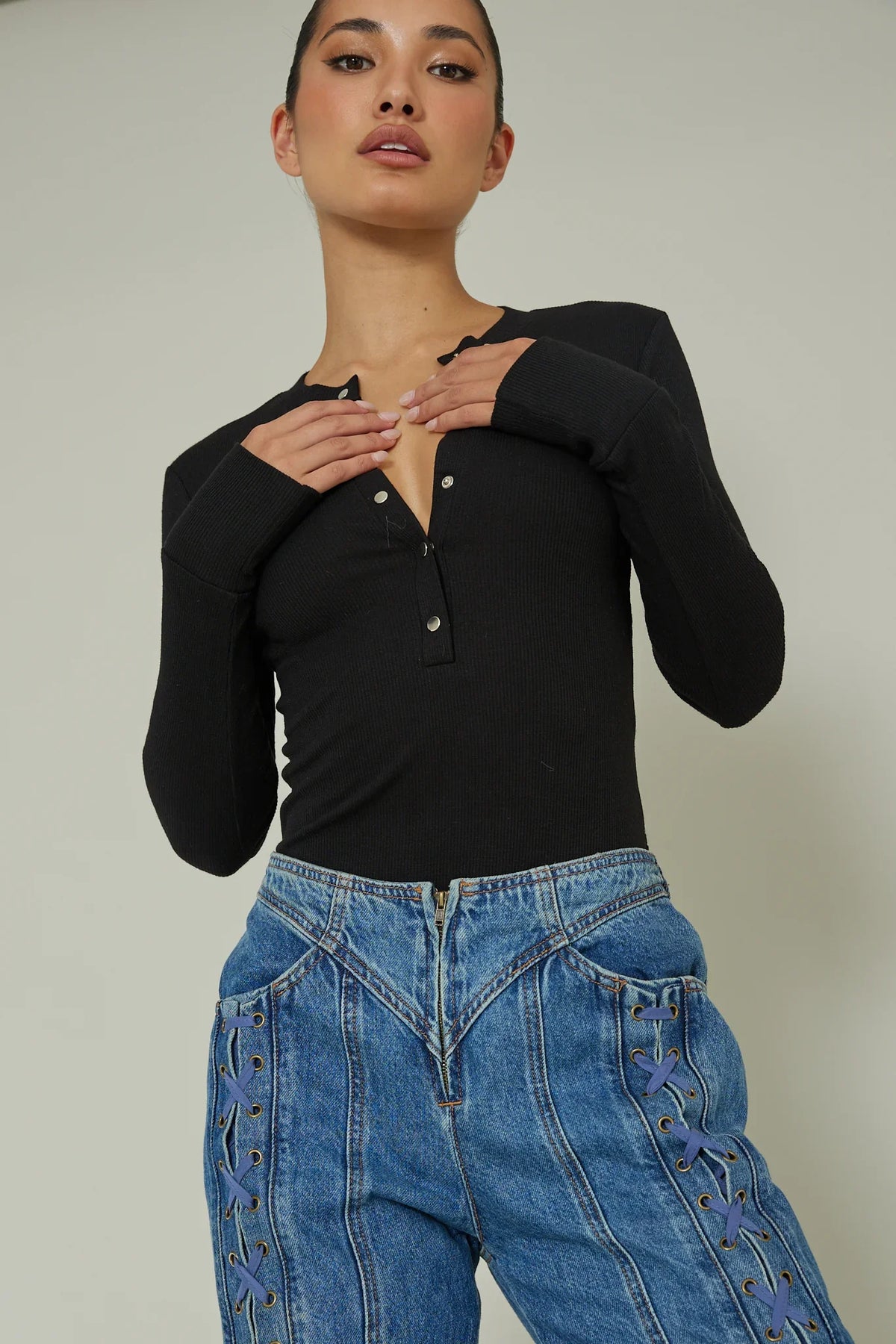 Henley Snap Front Bodysuit Black