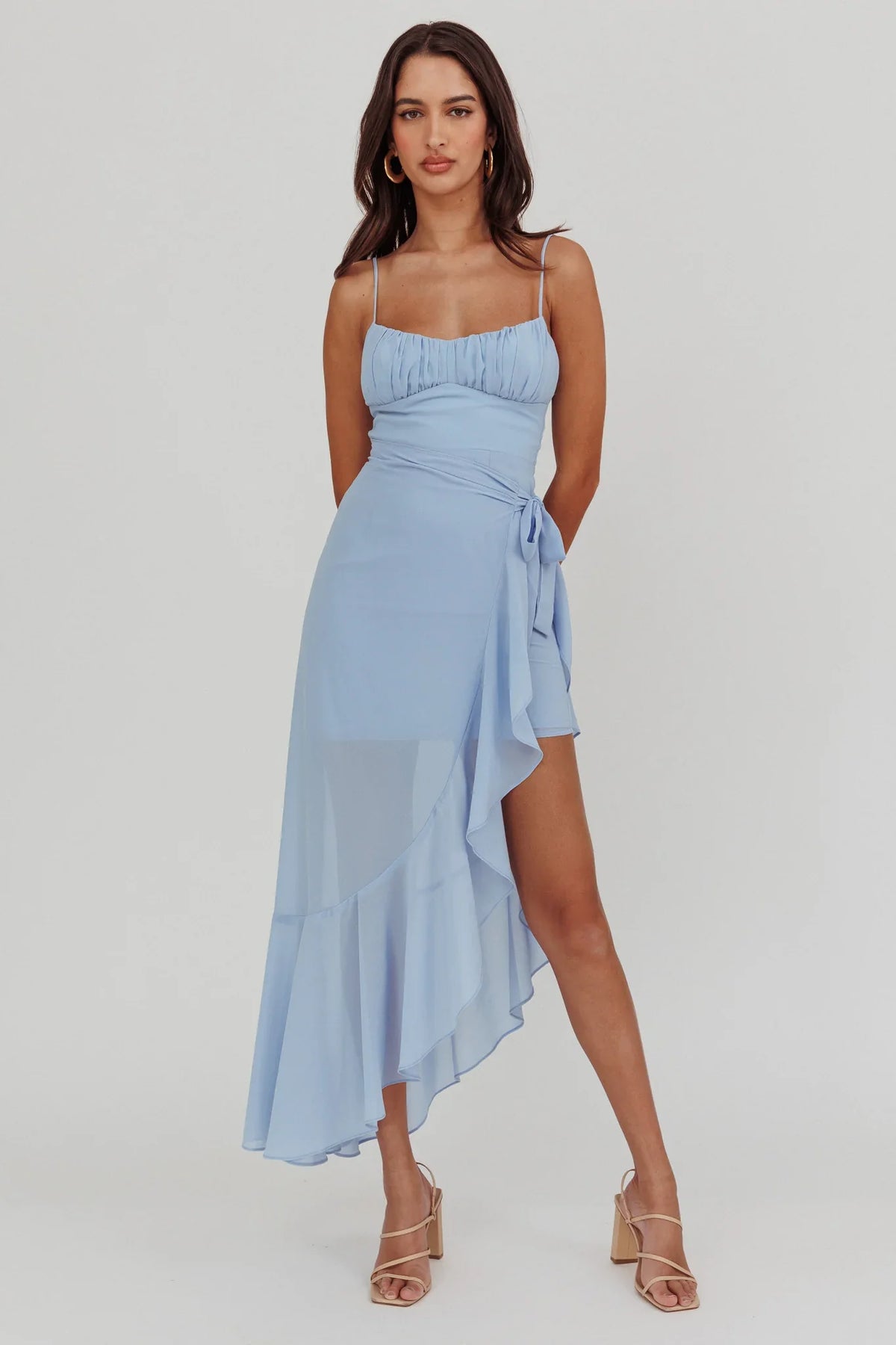 Nerida Waist Tie Asymmetric Dress Steel Blue