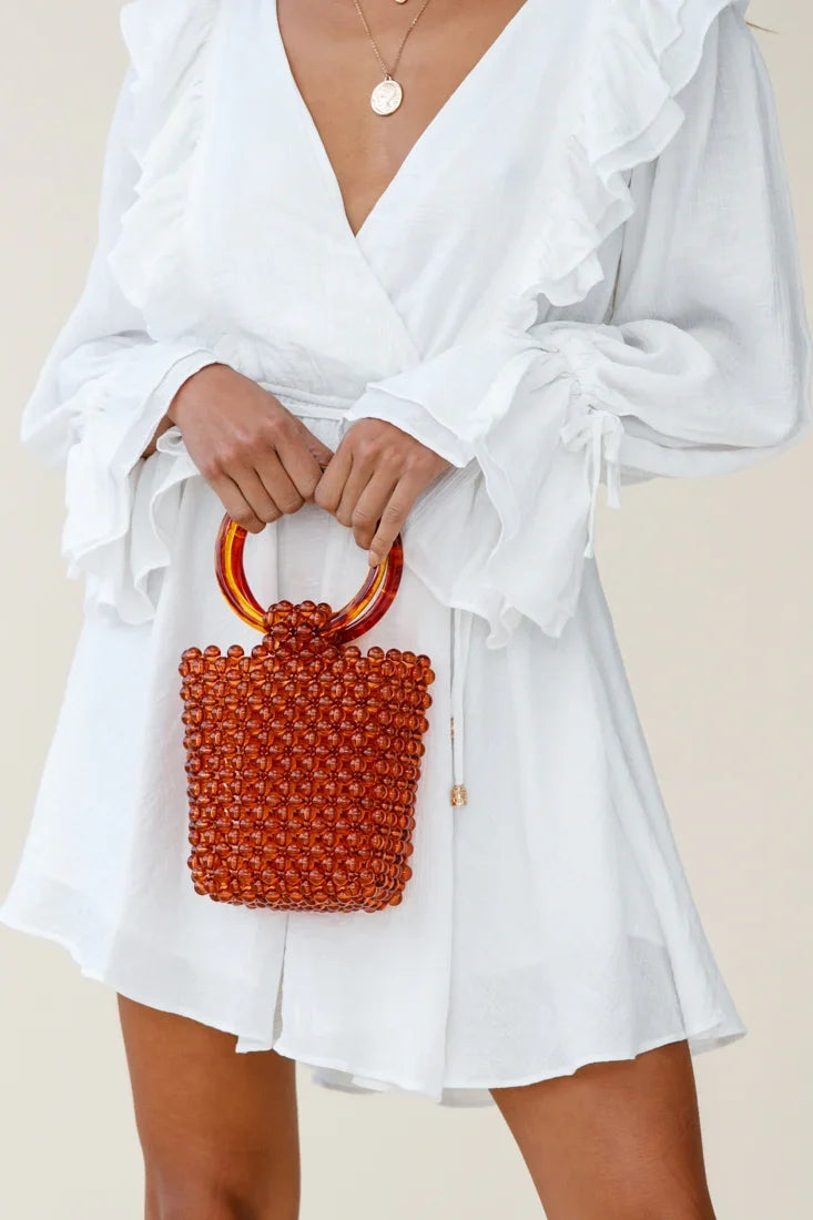 Karma Beaded Acrylic Handle Bag Tan