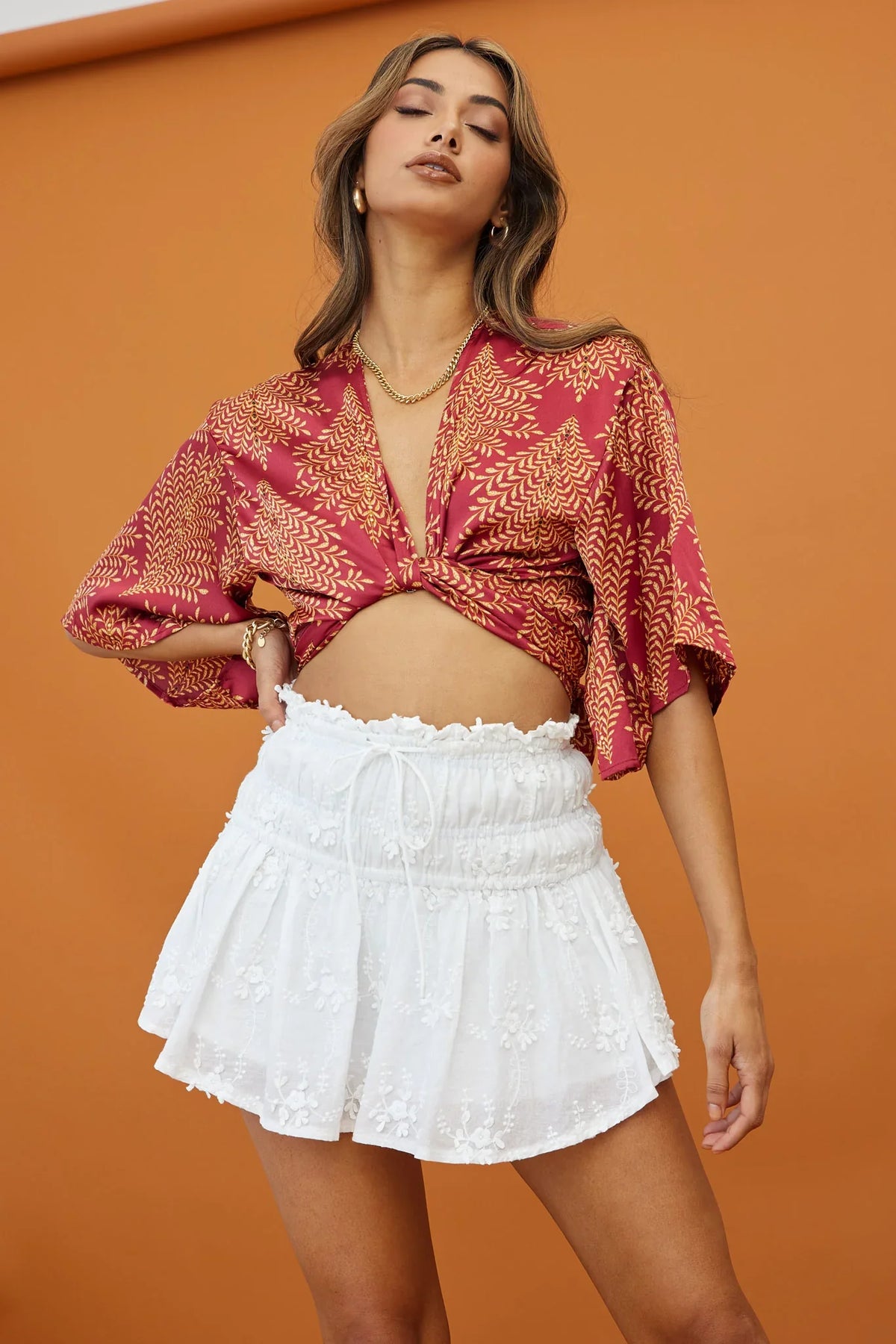 Rivera Deep-V Waist-Tie Top Leaf Print Wine