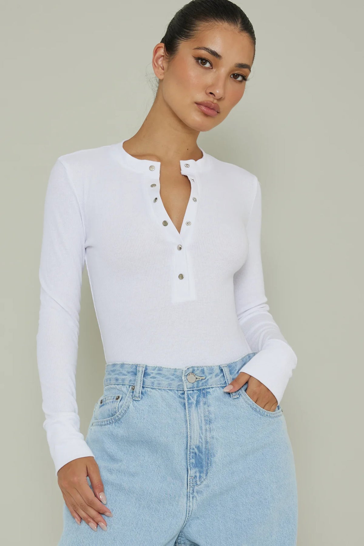 Henley Snap Front Bodysuit White