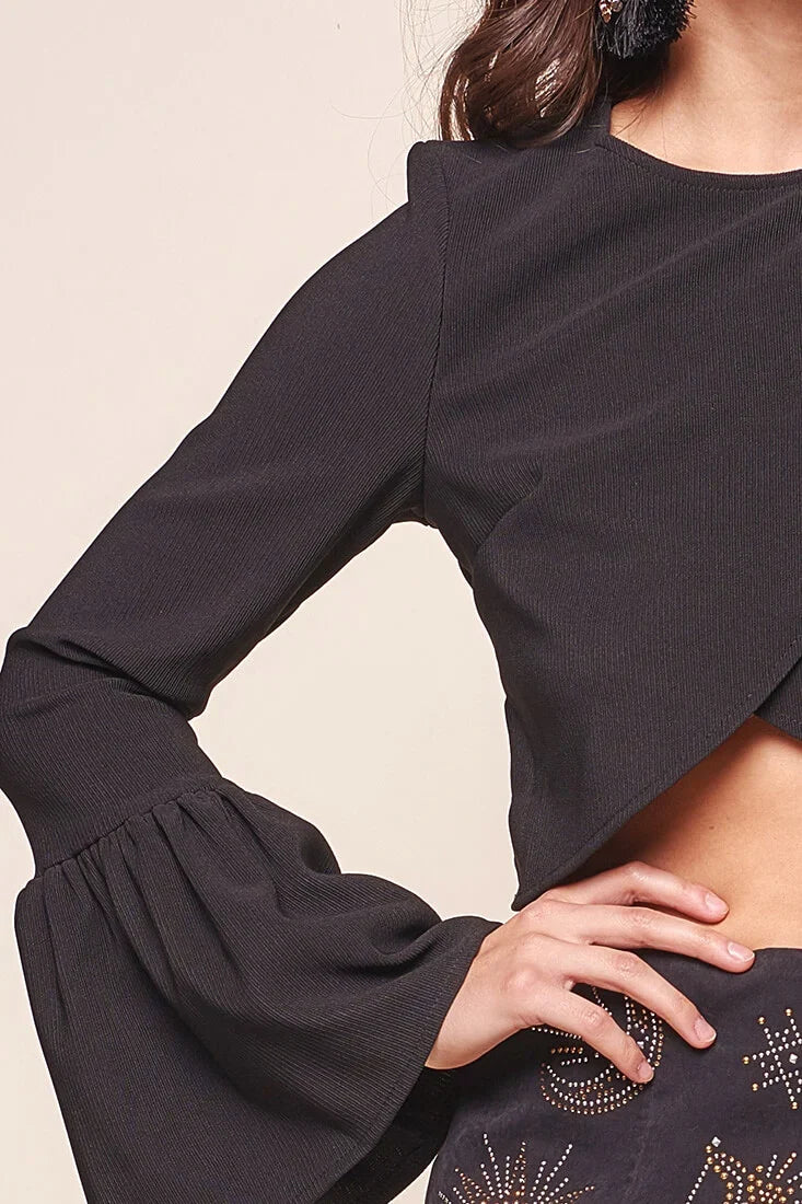 Odeya Asymmetrical Bell Sleeve Crop Top Black