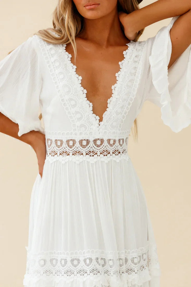 Indio Crochet Insert Deep V-Neckline Angel Sleeve Maxi Dress White