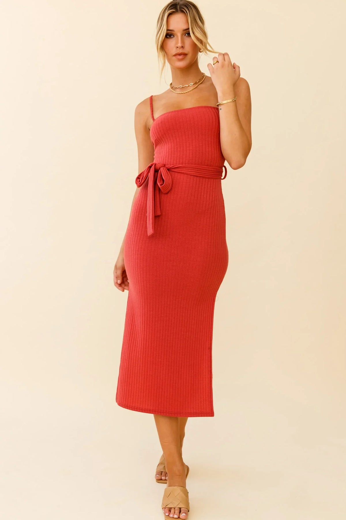 Serenade Me Square Neckline Side Split Midi Dress Rose