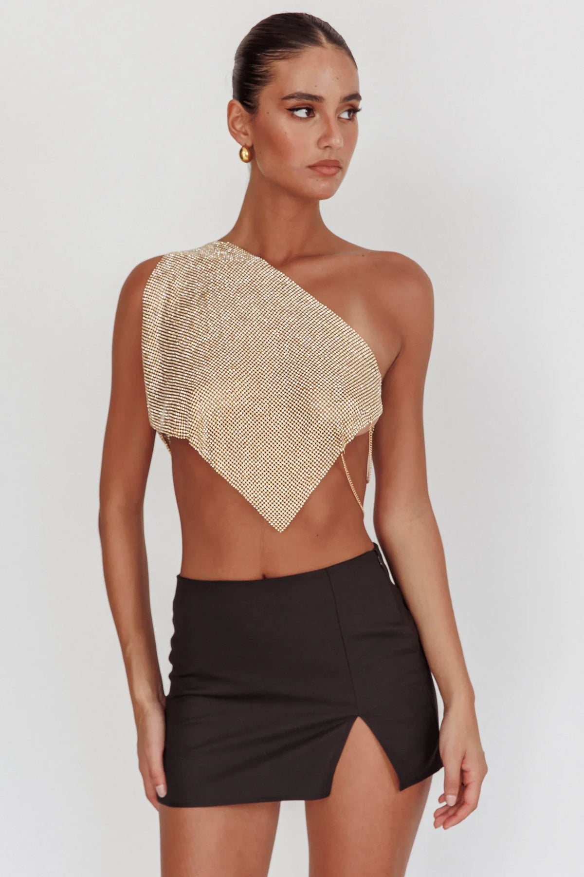 Sun Dial One Shoulder Diamante Top Gold
