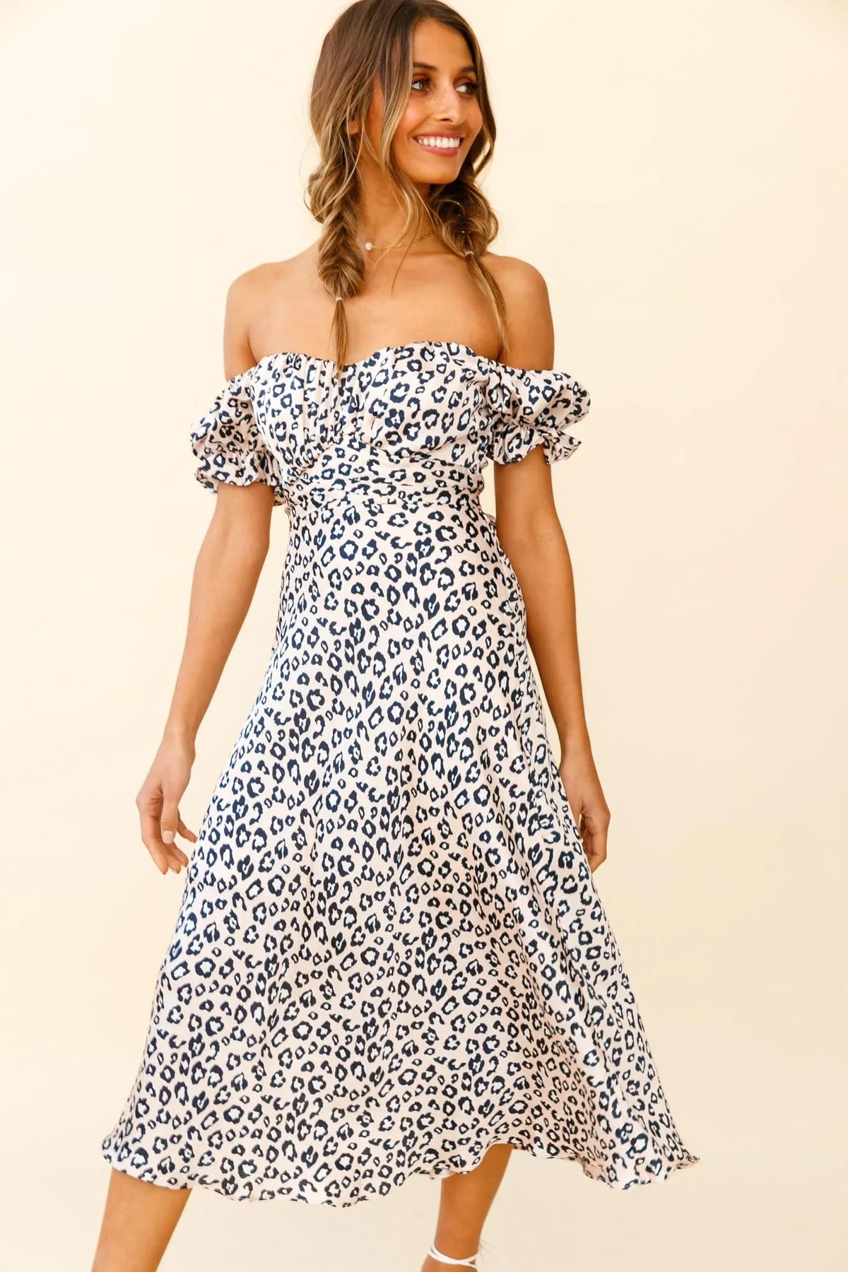 Linka Off-Shoulder Tie Back Midi Dress Leopard Print Pink