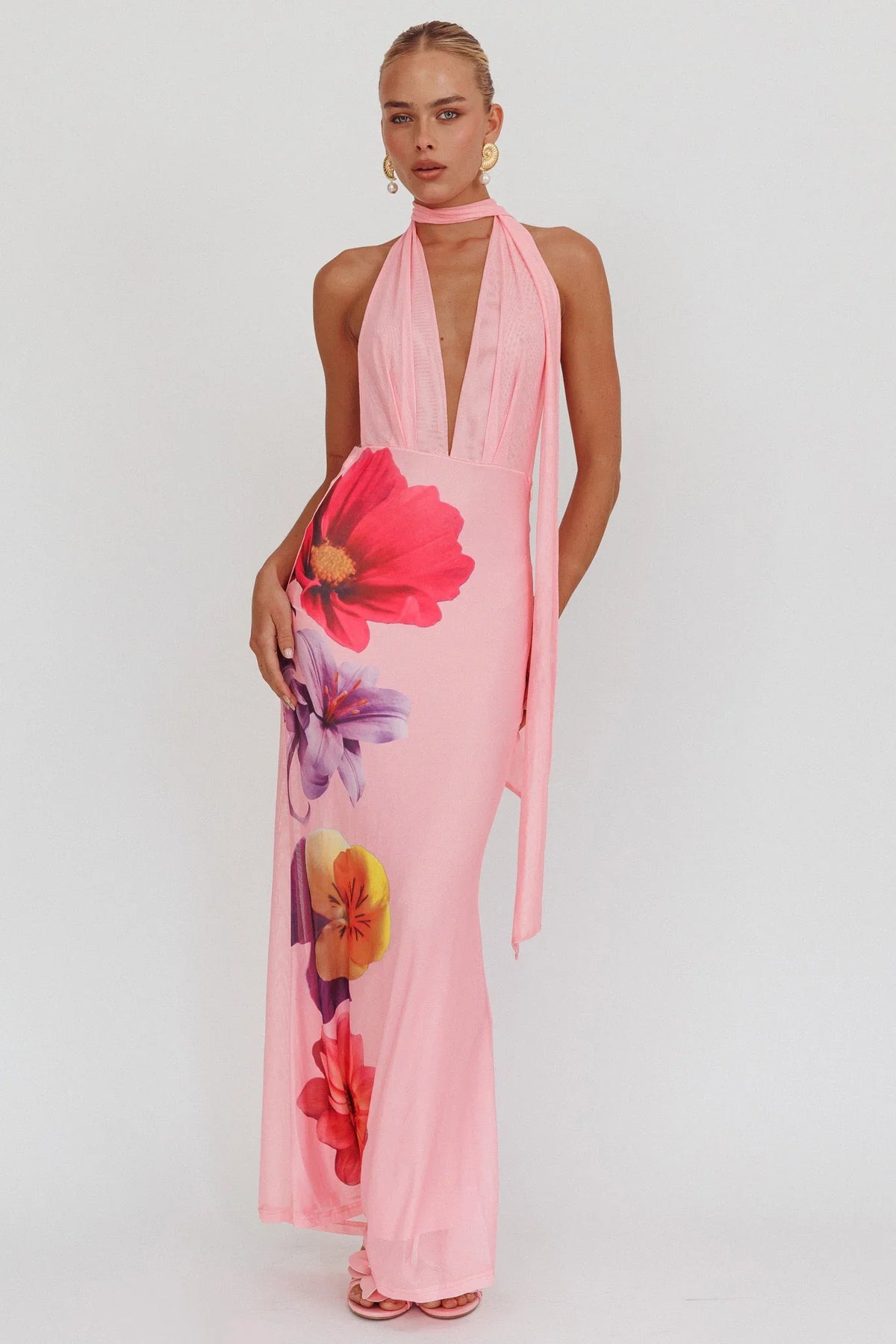 Italia Azure Halterneck Maxi Dress Flowers Pink