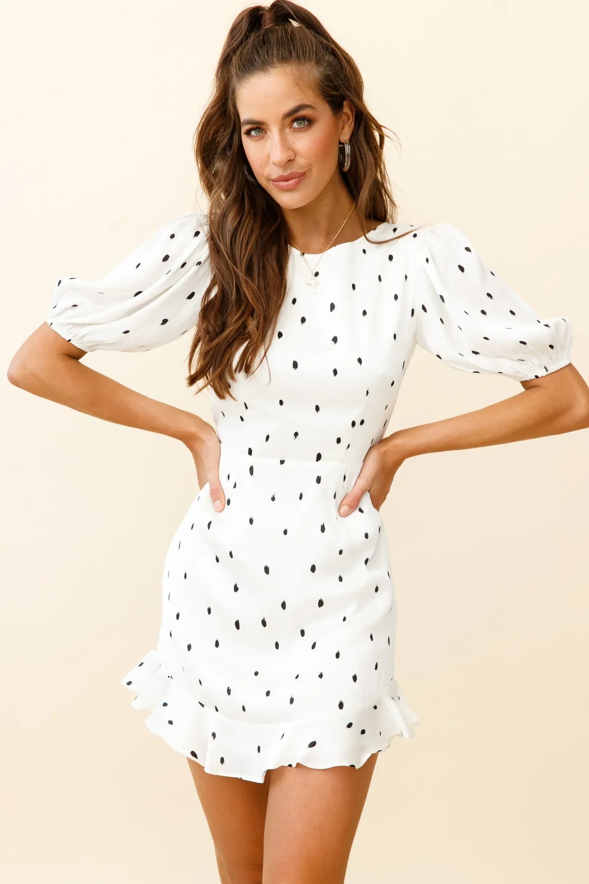 Indiana Puff Sleeve Lace-Up Back Dress Spot Print White