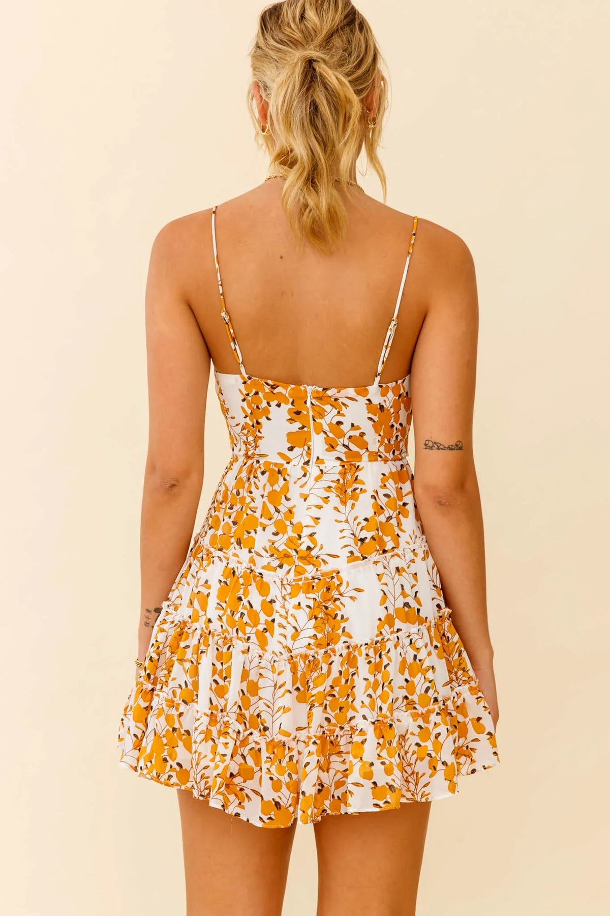Jocelyn Cami Strap Waist Tie Ruffle Dress Floral Print Yellow