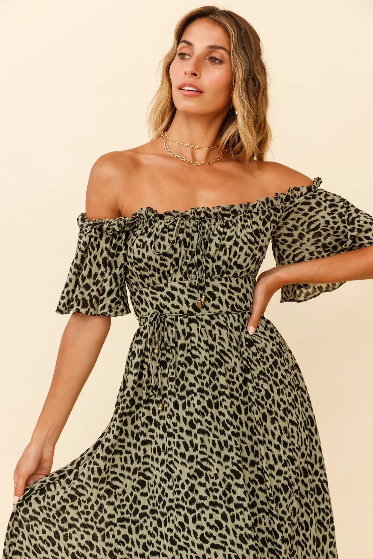 Voyager Off-Shoulder Bell Sleeve Midi Dress Leopard Print Olive