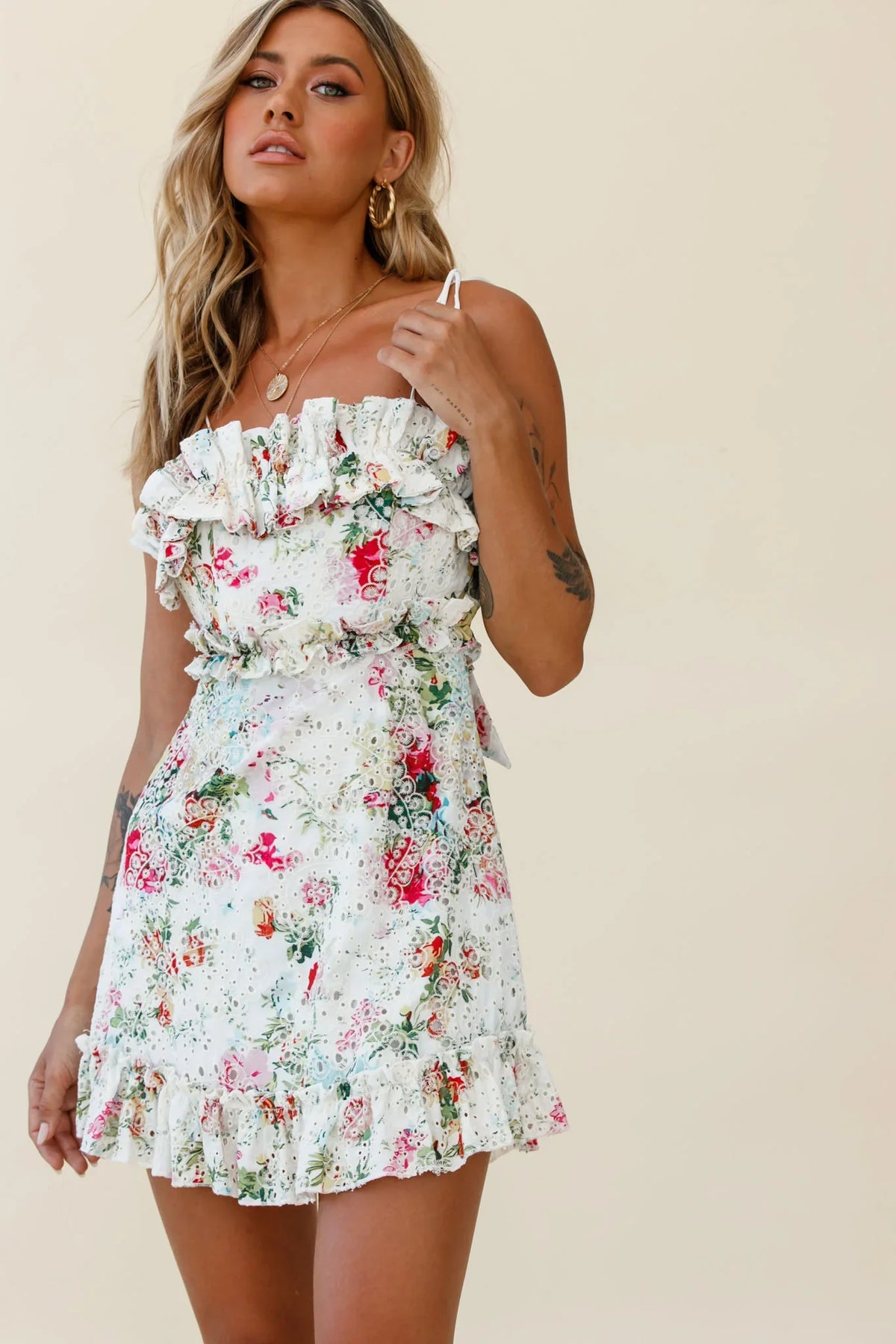 Frill Seeker Eyelet Embroidery Tied Back Dress Floral Print Multi