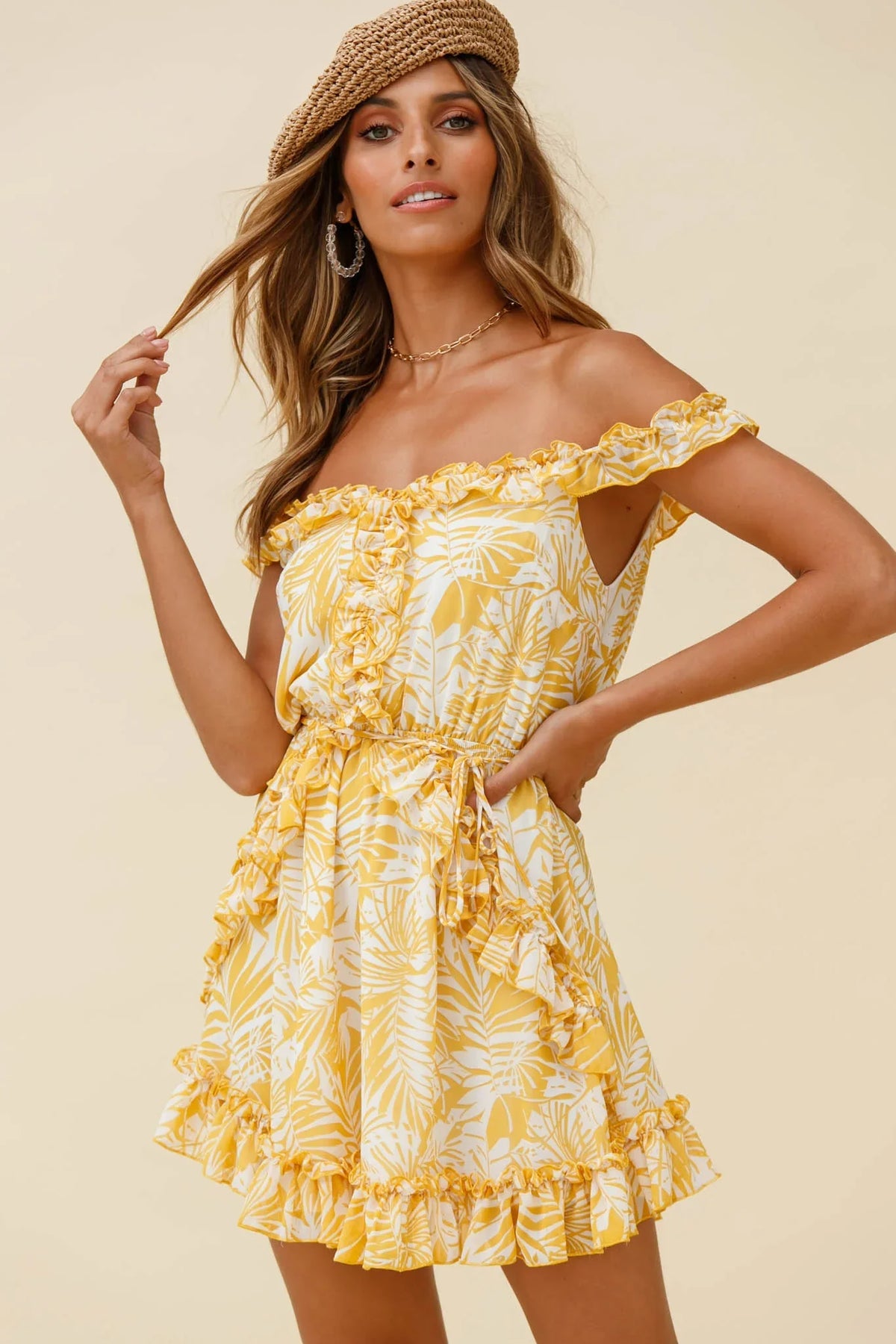 Sail Away Off-Shoulder Frill Accent Dress Tropical Print Yellow