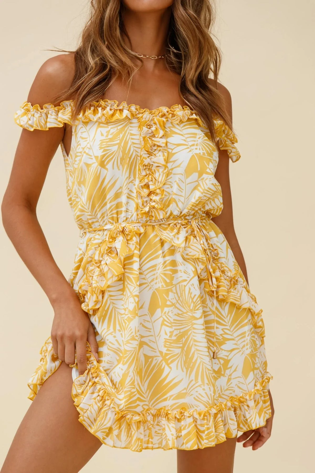 Sail Away Off-Shoulder Frill Accent Dress Tropical Print Yellow