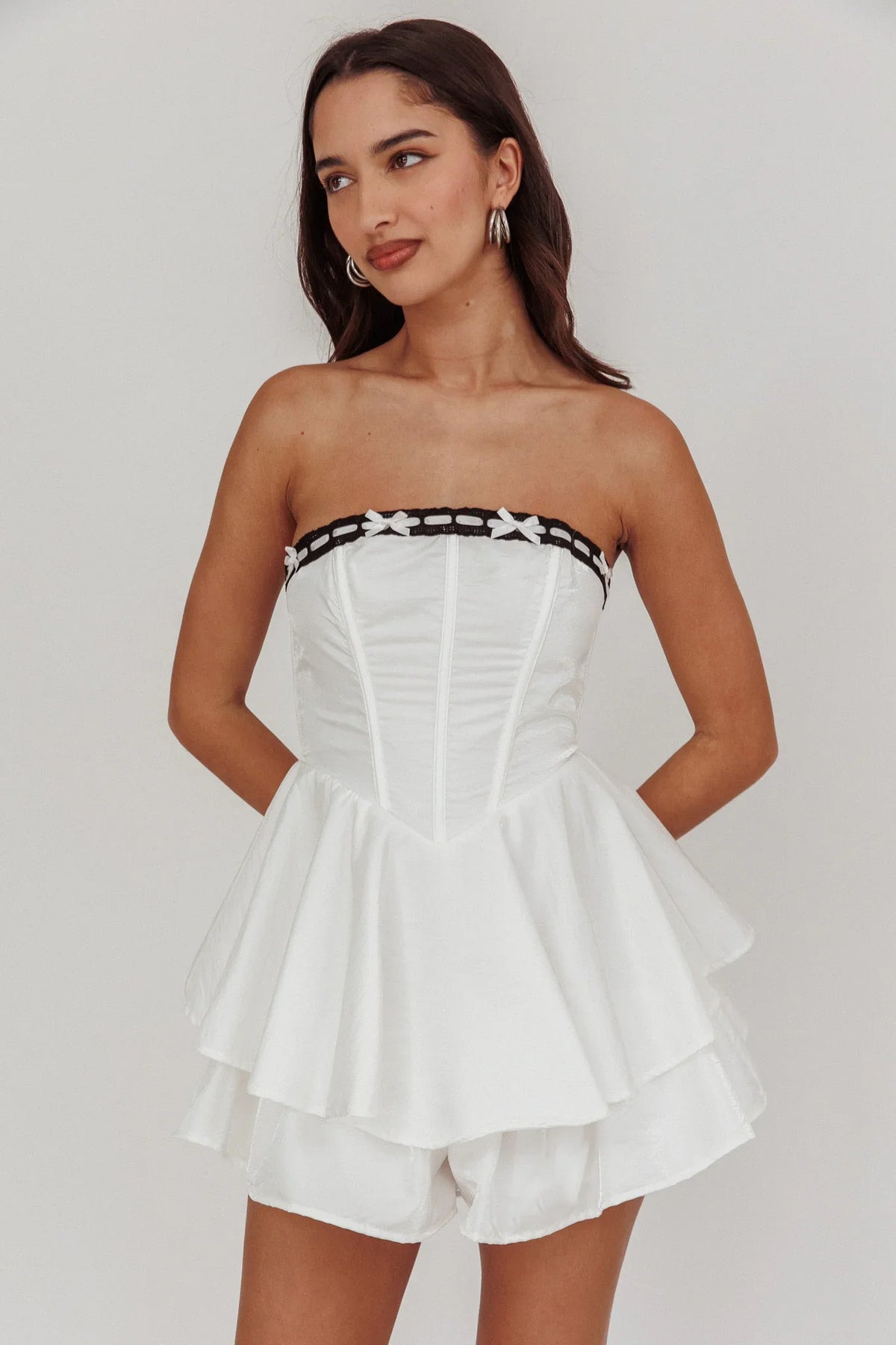 Paris Muse Ribbon Neckline Romper White