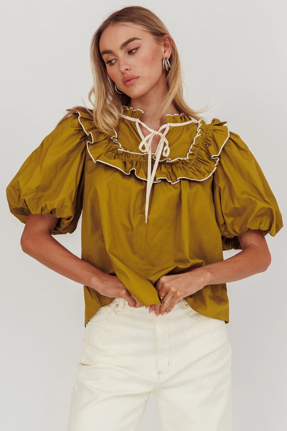Remarkable Puff Sleeve Tied Neck Top Olive
