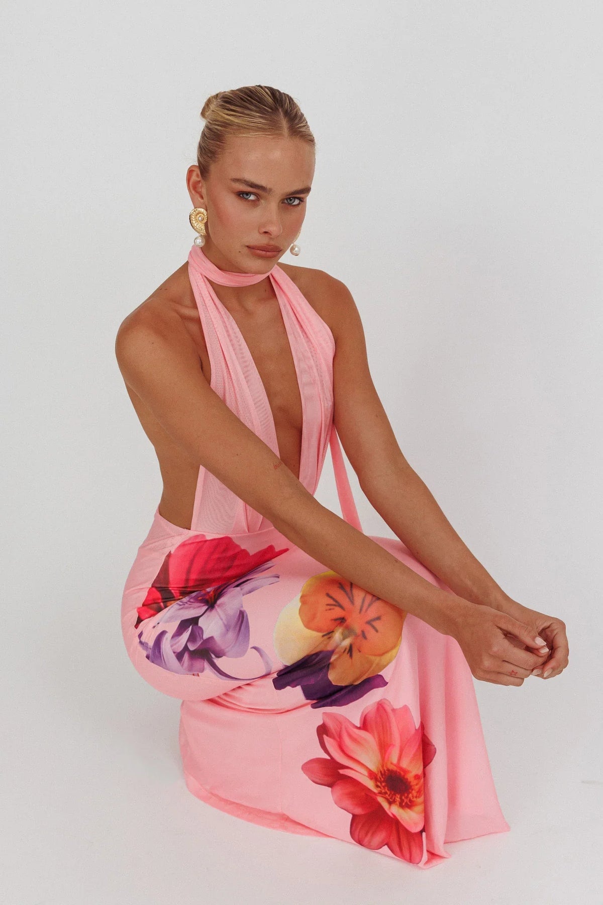 Italia Azure Halterneck Maxi Dress Flowers Pink