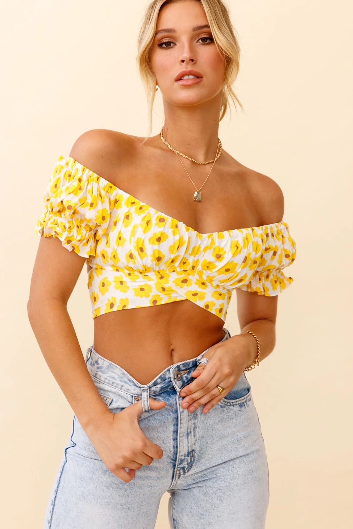 Linka Off-Shoulder Tie-Back Crop Top Flower Print Yellow