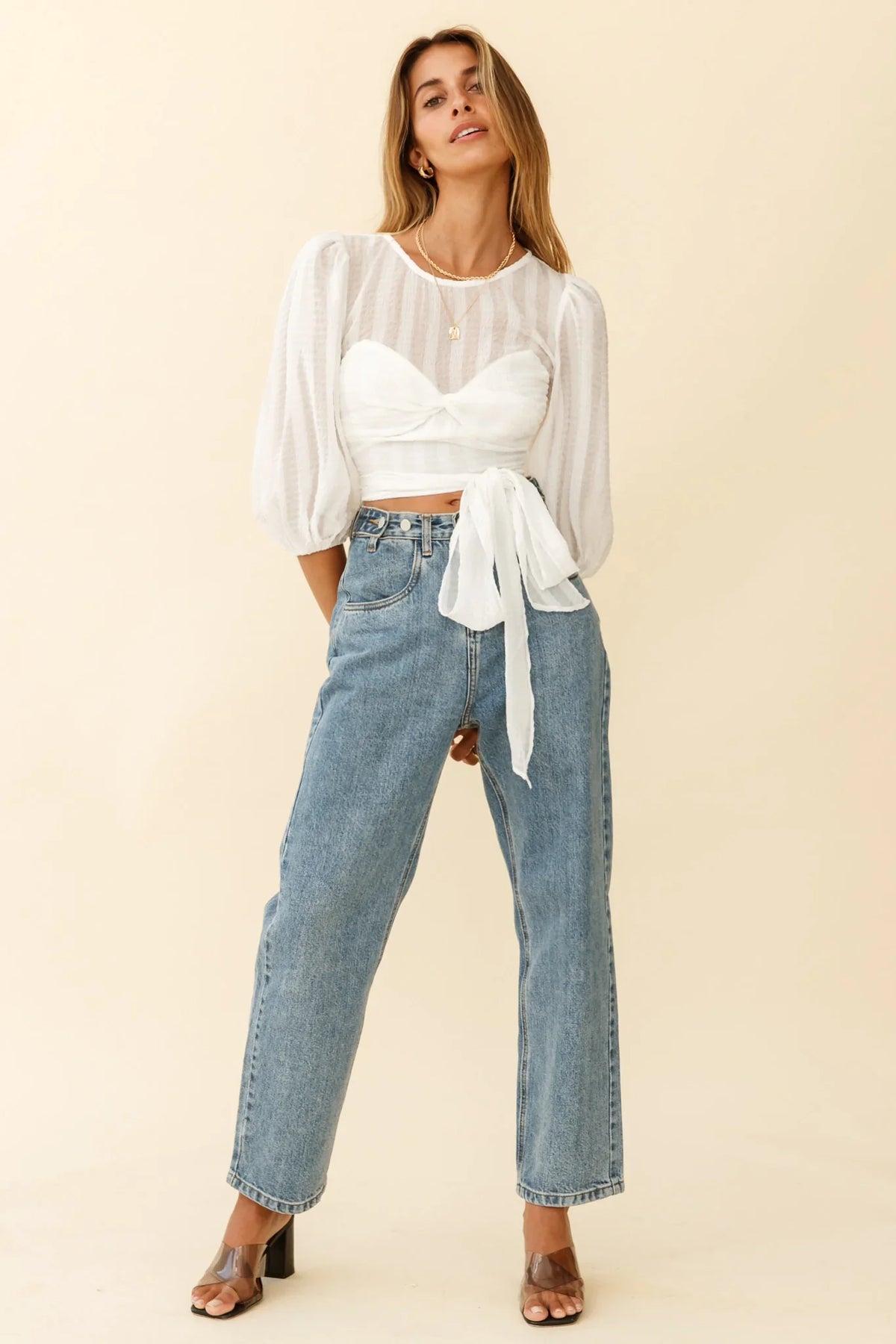 Emerson Puff Sleeve Waist Tie Top White