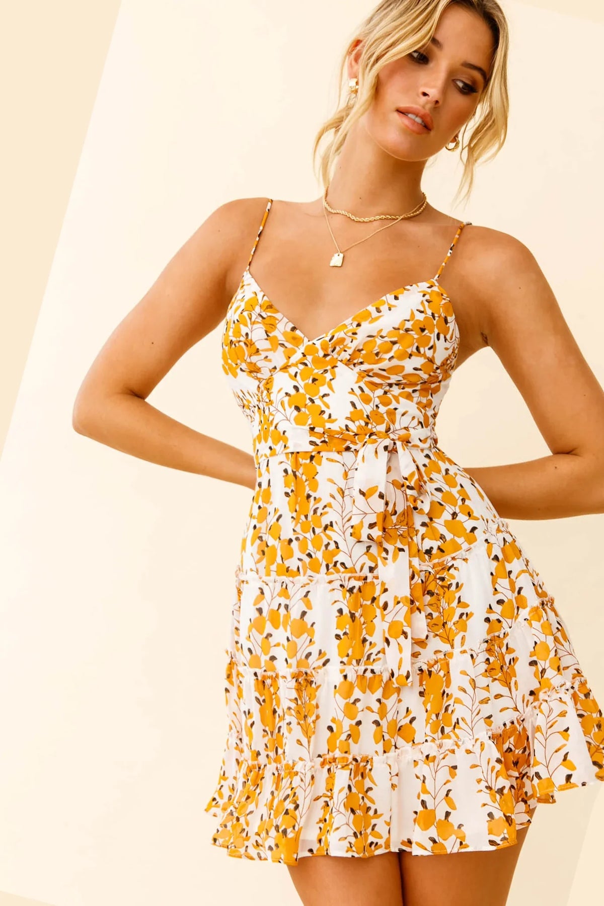 Jocelyn Cami Strap Waist Tie Ruffle Dress Floral Print Yellow