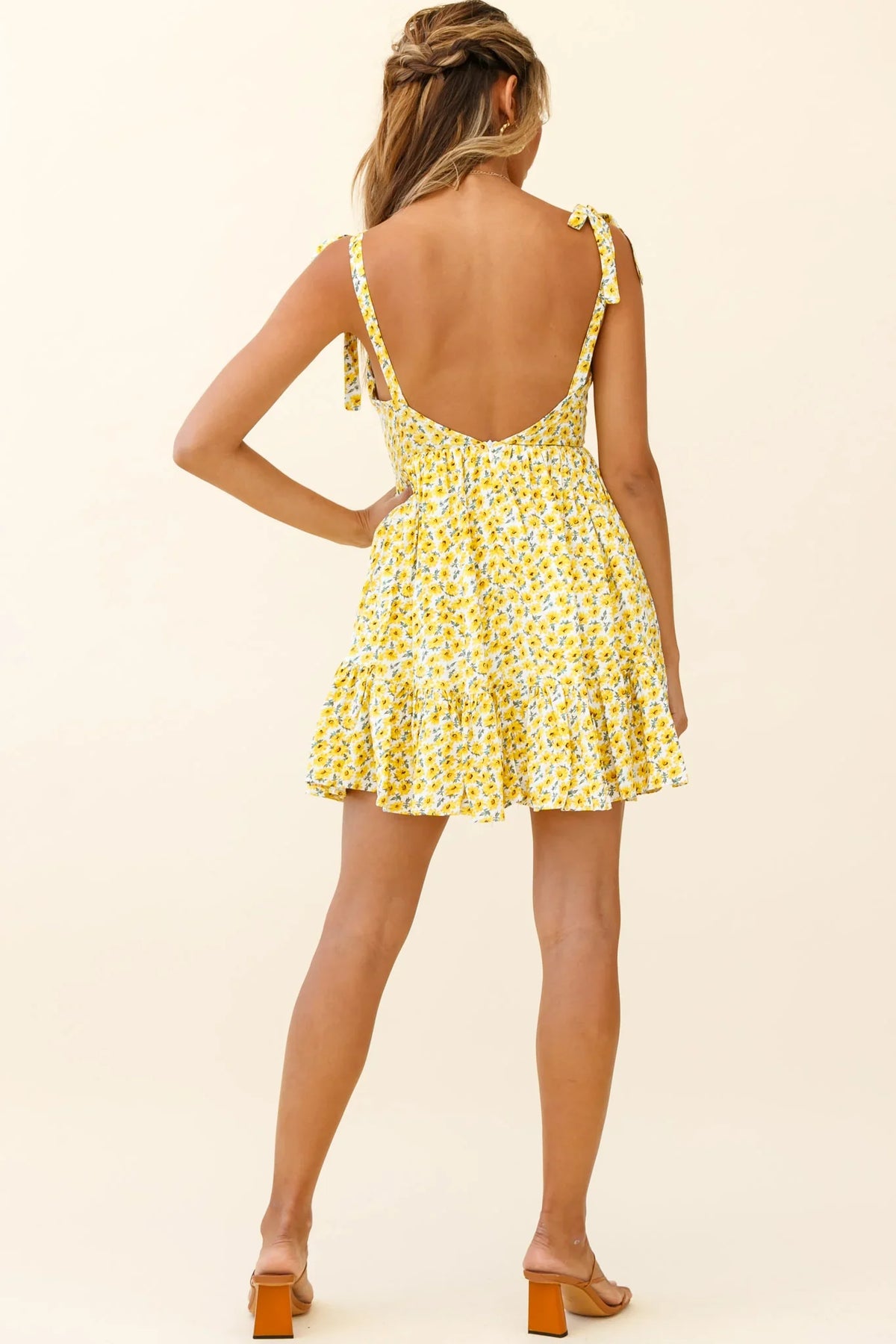 Maven Tied Shoulder Low Back Dress Floral Print Yellow