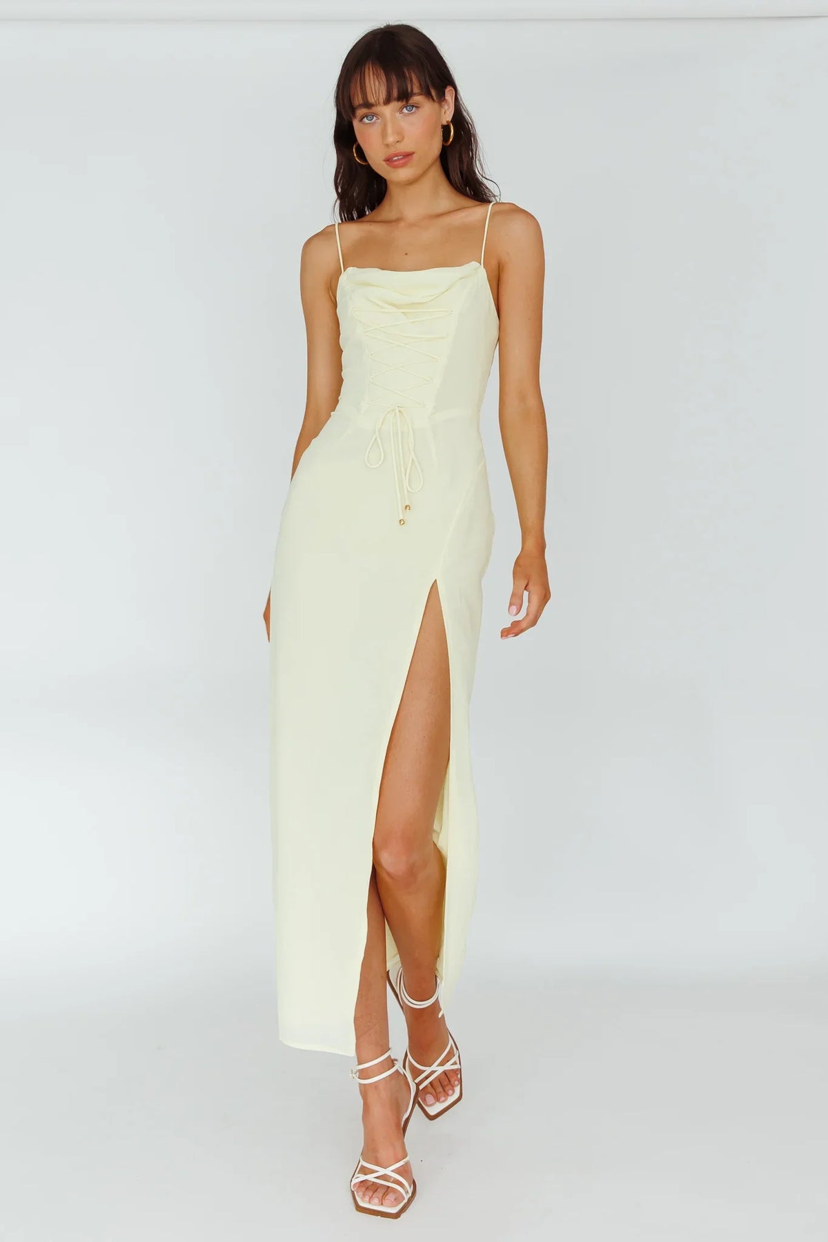 Ryanna Laced Bodice Split Midi Dress Yellow