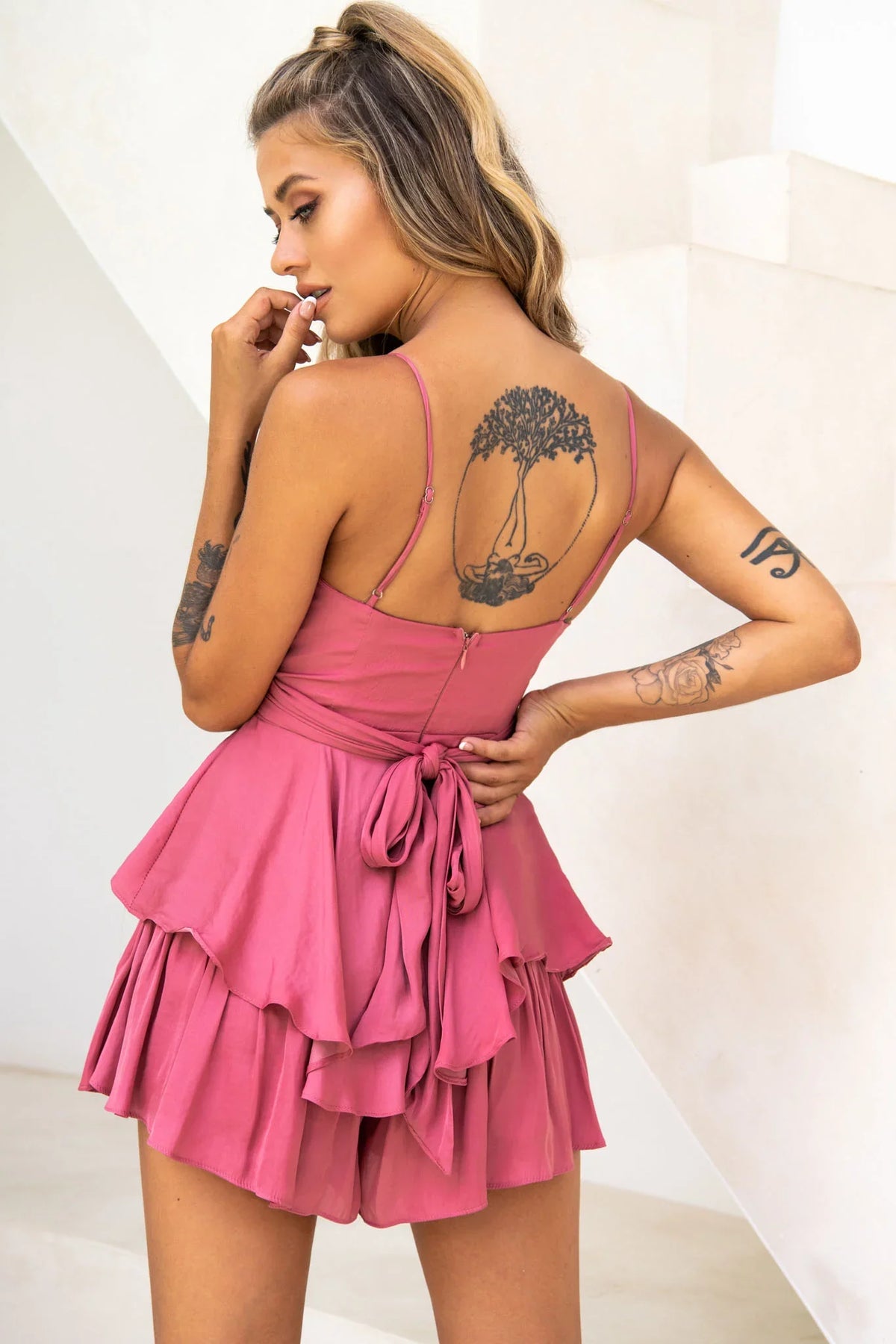 It's Complicated Crossover Bodice Flounce Romper Rose